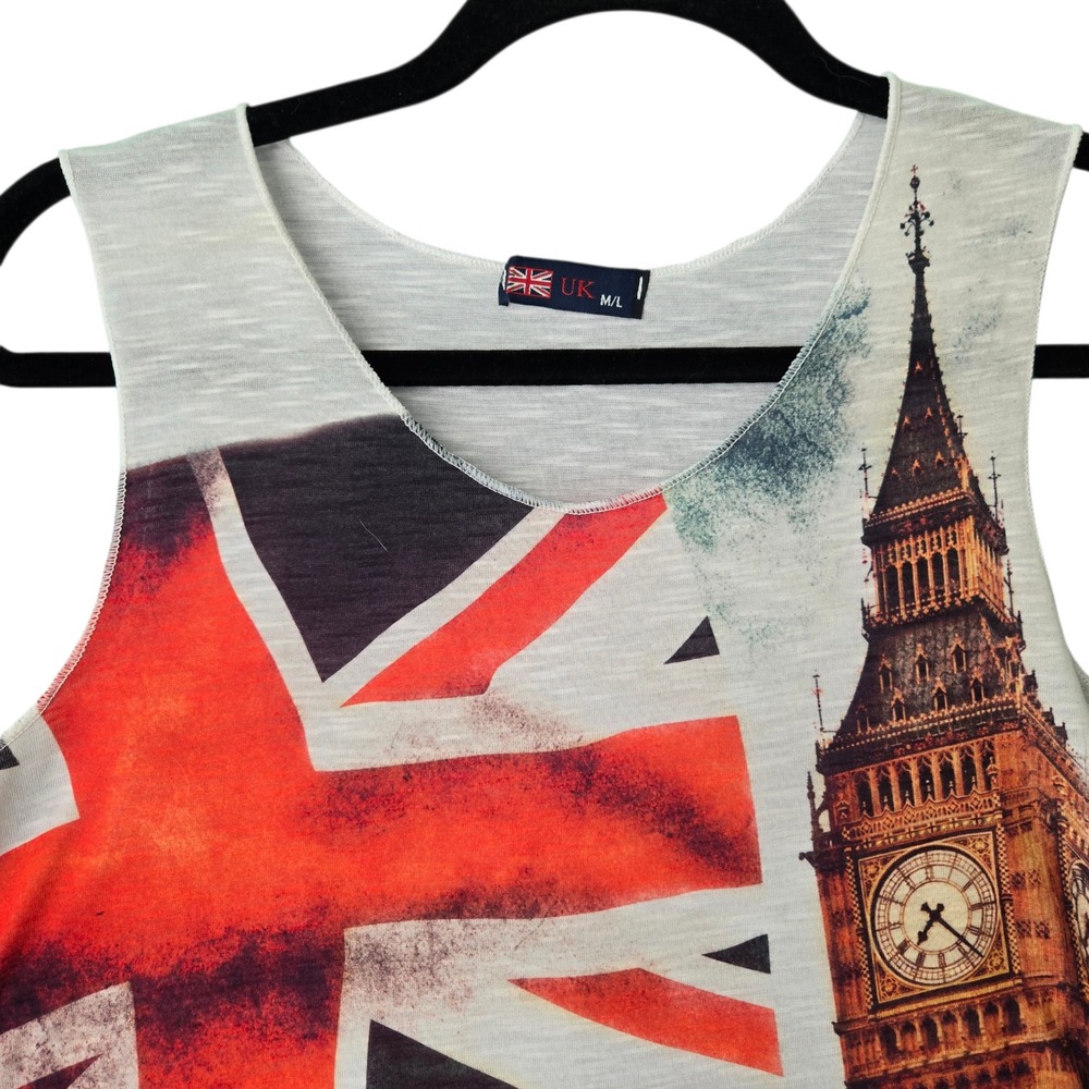 UK‎ London Graphic Tank Top Big Ben Union Jack Telephone Booth White Size ML